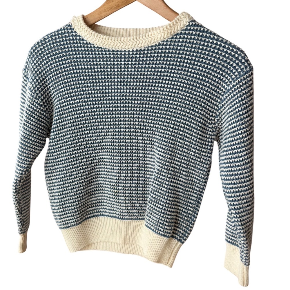 Fin & Vince Kids Blue Cream Birdseye Knit Pullover Sweater Size6/7 Repair Needed